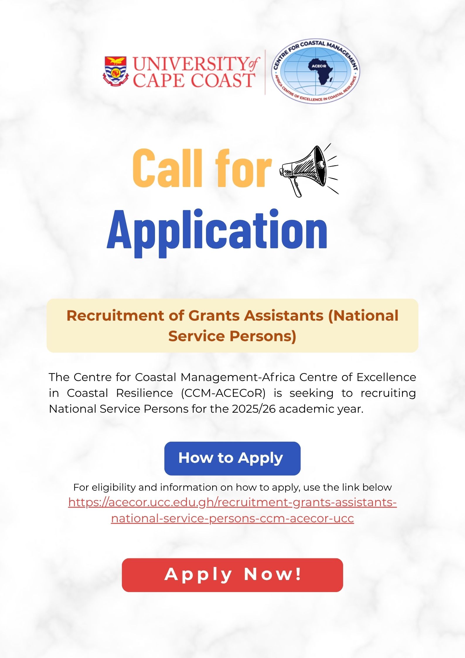 Recruitment of Grants Assistants (National Service Persons) for CCM-ACECoR,UCC